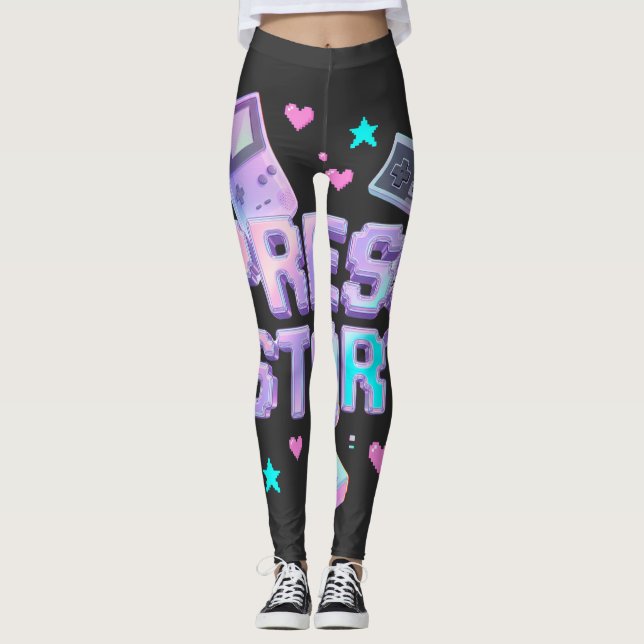Tryck Start Y2K Retro Gaming Arkad Chrome 90s Spel Leggings (Framsida)