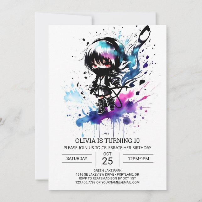 Tryckbar Chic Ninja Girl Birthday Inbjudningar (Framsida)