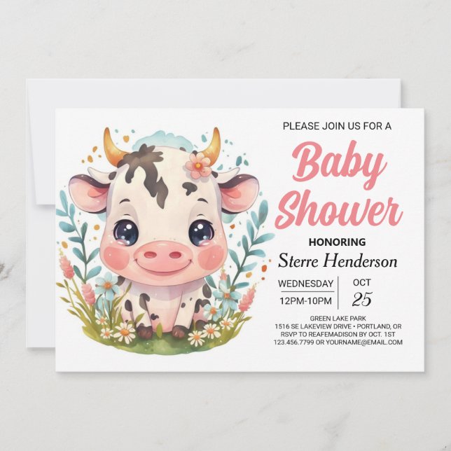 Tryckbar Cute Barn Cow Baby Shower Inbjudningar (Framsida)