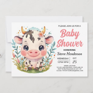 Tryckbar Cute Barn Cow Baby Shower Inbjudningar