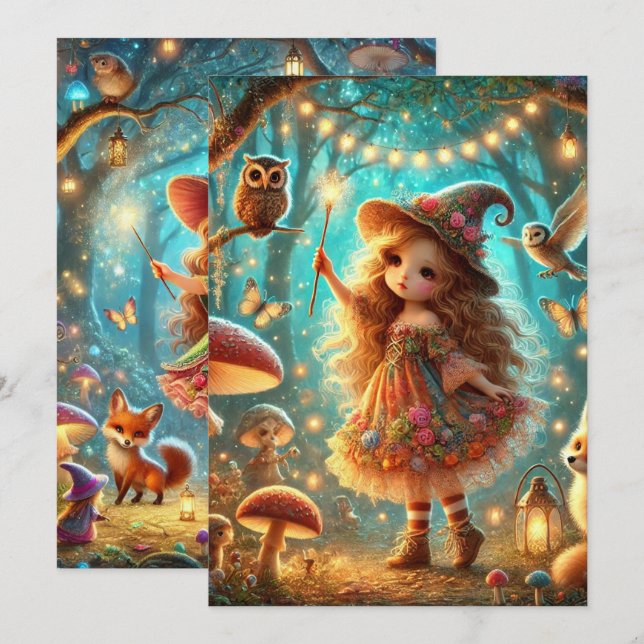 Tryckbar Cute Whimsical Witch Magic Forest Inbjudningar (Fram/baksida)