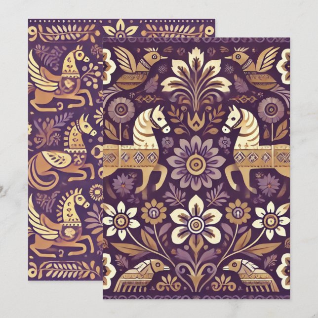 Tryckbar Lila & Guld Scandinavian FolArt Inbjudningar (Fram/baksida)