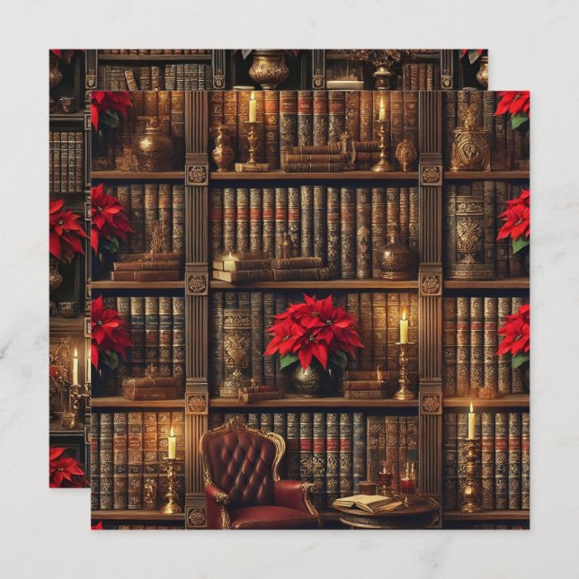Tryckbar Mörk Academia Poinsettia Bookshelf Inbjudningar (Fram/baksida)