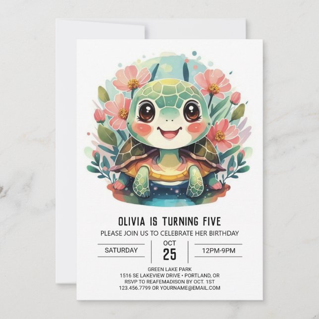 Tryckbar Roligt Turtle Girl Birthday Inbjudningar (Framsida)