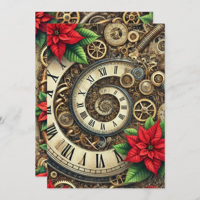 Tryckbara Steampunk Clockwork Spiral & Poinsettia Inbjudningar (Fram/baksida)