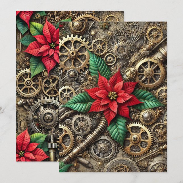 Tryckbara Steampunk Rör & Gears med Poinsettia Inbjudningar (Fram/baksida)