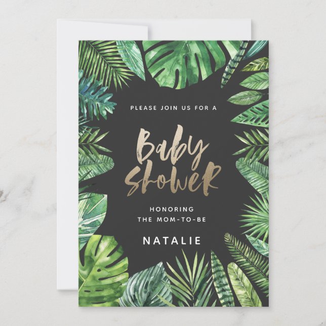 Tryckbarhetskort för babydusch i handflatan löv &  spara datumet (Framsida)