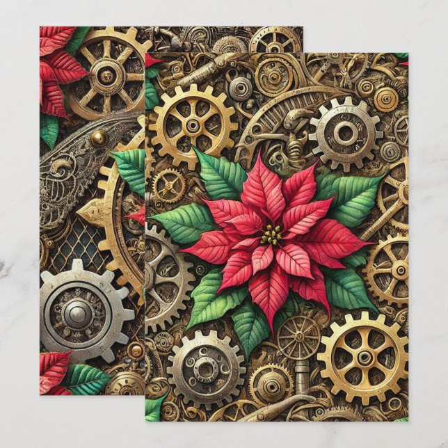 Tryckbart Steampunk Clockwork med Poinsettia Inbjudningar (Fram/baksida)