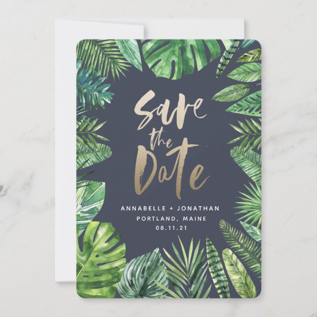 Tryckeriet Tropical handflatan löv blad och guld Spara Datumet (Framsida)