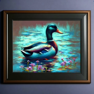 Tryckfärgning av pastel Teckning på Mallard Anka Poster