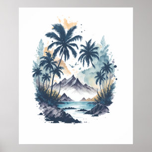 Tryckfärgning av vattenfärg vid tropiska paradis poster