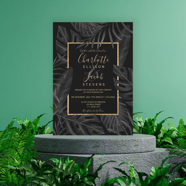 Tryckfärgskript bröllop i den tropiska svarta löv- inbjudningar (Skapare uppladdad)