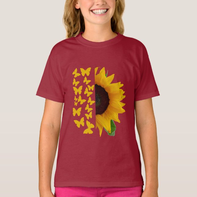 Tryckfärgstest för solrosblommor och fjäril t shirt (Framsida)