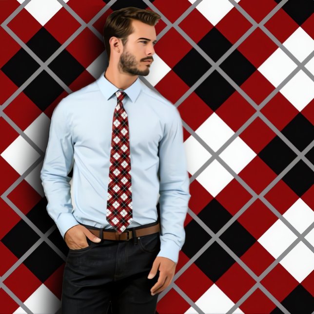 Trycknät för svartvit, vit och Grått Argyle Slips (Handsome man wearing maroon argyle necktie. Standing against maroon argyle patterned wall.)