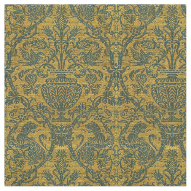 Tryckning av antika fåglar, Vas & Lejon Mönster Tyg (Närbild)