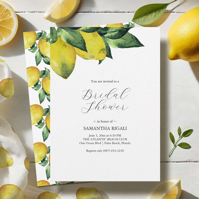 Tryckning av bröllopsdusch-inbjudningar med citron inbjudningar (Lemon themed bridal shower invitations designed by Victoria Grigaliunas watercolor artist.)