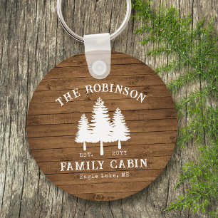 Tryckning av rustic Land Family Cabin Träd Wood Pl Nyckelring