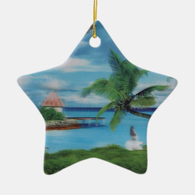 Tryckning av Tropical Beach Scene Art Print Julgransprydnad Keramik (Framsidan)