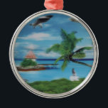 Tryckning av Tropical Beach Scene Art Print Julgransprydnad Metall<br><div class="desc">Tropical Beach Scene Art Skriv ut Escape till paradiset med vår Tropical Beach Scene Art Print. Denna idylliska kustkonst fångar på ett vackert sätt kärnan i en tropisk strand med att svinga handflatan träd, en charmig åderhatt och en scenkajé. En kvinna i en blommande vit klänning stullar längs kusten, omgiven...</div>