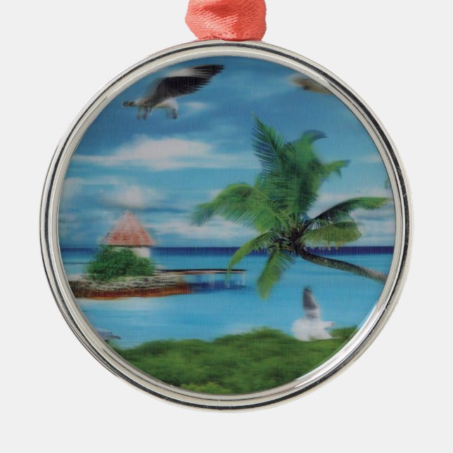 Tryckning av Tropical Beach Scene Art Print Julgransprydnad Metall (Framsidan)