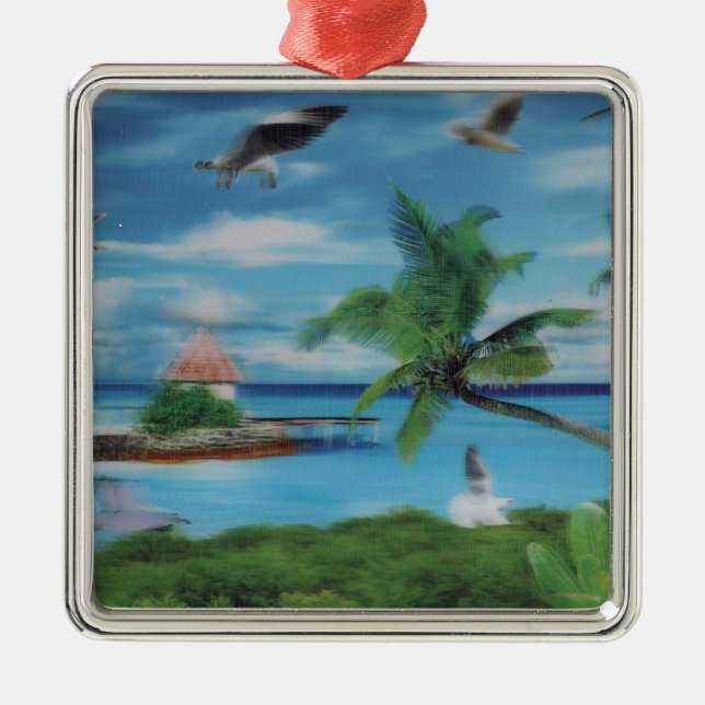 Tryckning av Tropical Beach Scene Art Print Julgransprydnad Metall (Framsidan)