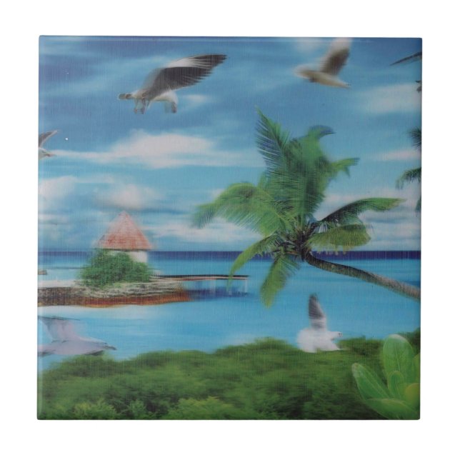Tryckning av Tropical Beach Scene Art Print Kakelplatta (Framsidan)