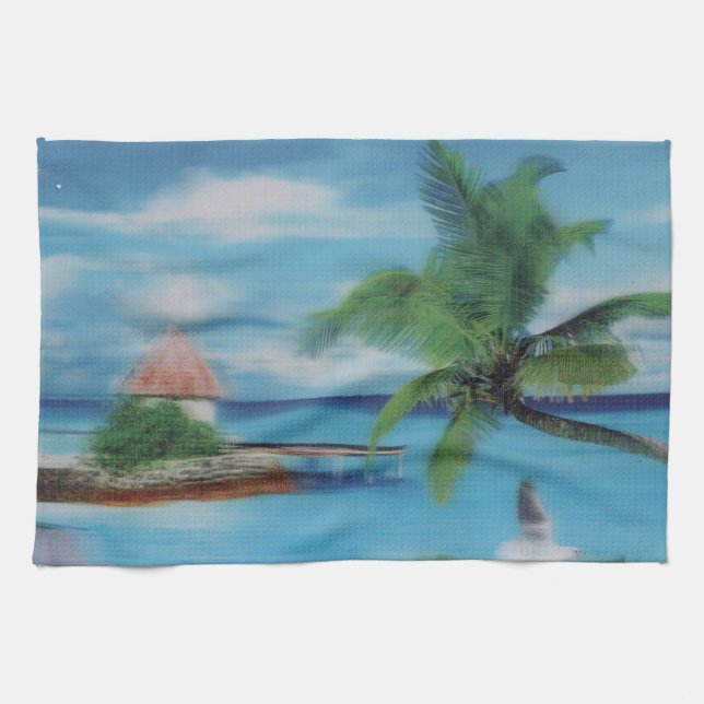 Tryckning av Tropical Beach Scene Art Print Kökshandduk (Horisontell)
