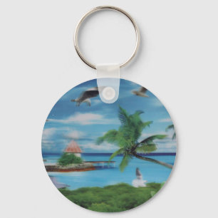 Tryckning av Tropical Beach Scene Art Print Nyckelring