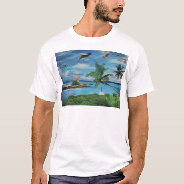 Tryckning av Tropical Beach Scene Art Print Tee Shirt (Framsida)