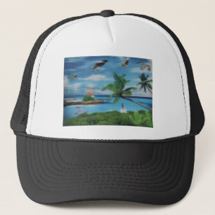 Tryckning av Tropical Beach Scene Art Print Truckerkeps
