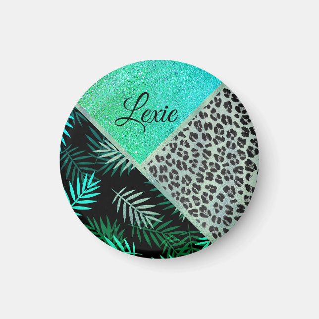 Tryckning i Glittery Teal Tropical Leopard Magnet (Framsidan)
