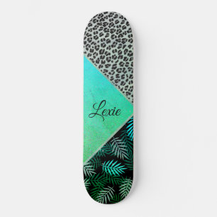 Tryckning i Glittery Teal Tropical Leopard Mini Skateboard Bräda 18,5 Cm