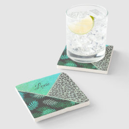 Tryckning i Glittery Teal Tropical Leopard Stenunderlägg