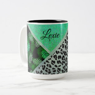 Tryckning i Glittery Teal Tropical Leopard Två-Tonad Mugg