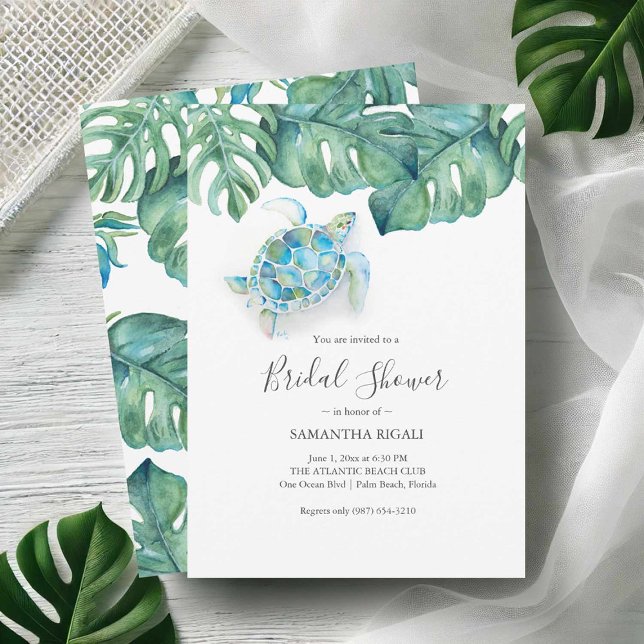 Tryckning på tropiska Inbjudningskort för möhippa (Tropical bridal shower invitations printing with watercolor sea turtle and monstera leaves)