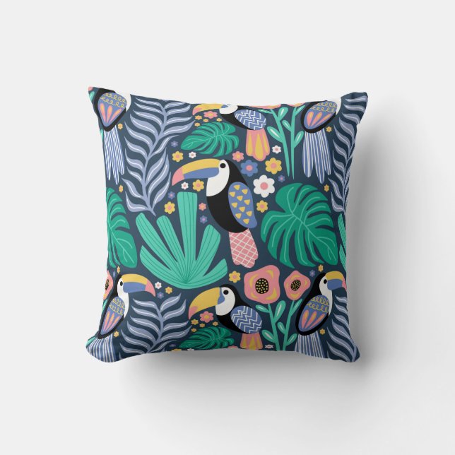 TryckPillow för Toucan Tropical Bird Blommigt Kudde (Framsida)