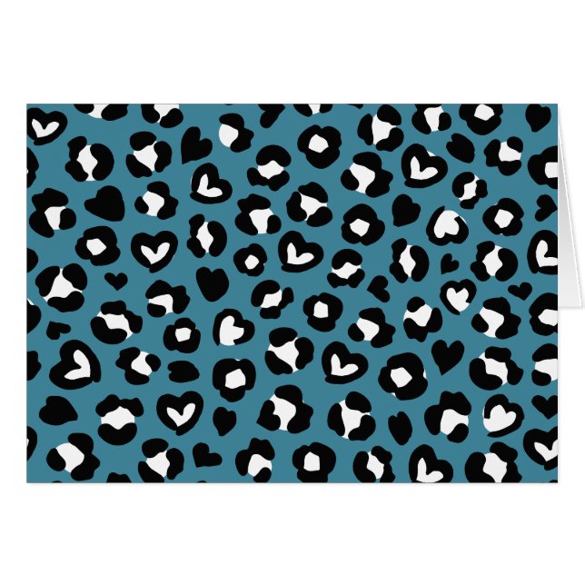 Trycksaker, blå leopard, Cheetah Spots, Hearts Hälsningskort (Framsidan Horizontal)