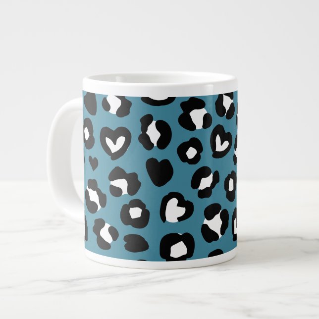 Trycksaker, blå leopard, Cheetah Spots, Hearts Jumbo Mugg (Framsida vänster)