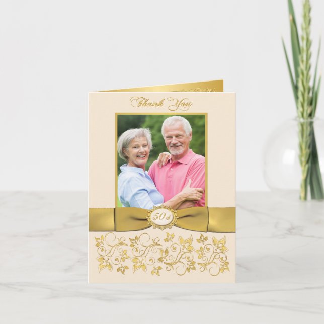 TRYCKT BAND Elfenbensguld Blommig Tacksamhetskort Tack Kort (Framsida)