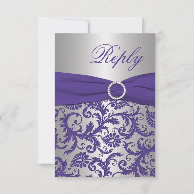 TRYCKT BAND Lila, Silver Damask svars Kort (Framsida)