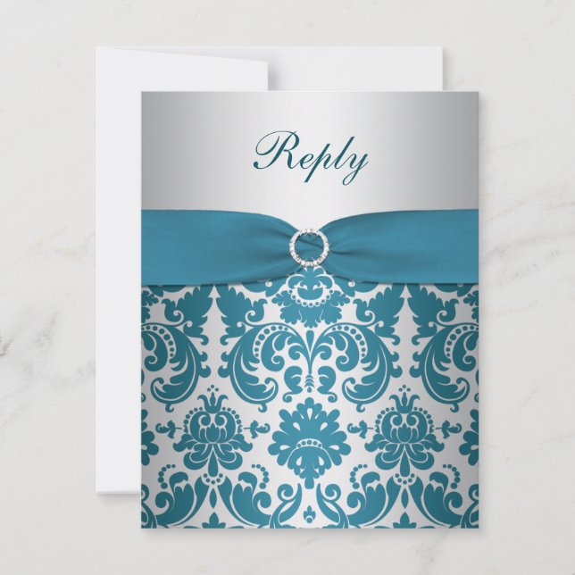 TRYCKT BAND Silver, Teal Damask Svarsbrevskort OSA Kort (Framsida)