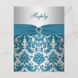 TRYCKT BAND Silver, Teal Damask Svarsbrevskort OSA Kort
