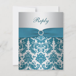 TRYCKT BAND Silver, Teal Damask Svarsbrevskort OSA Kort