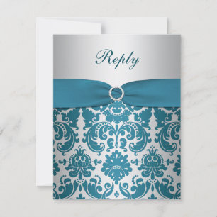 TRYCKT BAND Silver, Teal Damask Svarsbrevskort OSA Kort