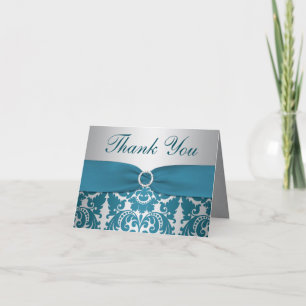 TRYCKT BAND Silver, Teal Damask Tacksamhetskort Tack Kort