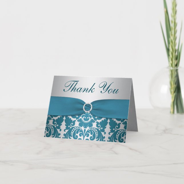 TRYCKT BAND Silver, Teal Damask Tacksamhetskort Tack Kort (Framsida)