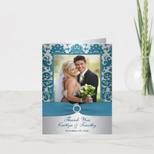 TRYCKT BAND Silver, Teal Damask Tacksamhetskort Tack Kort