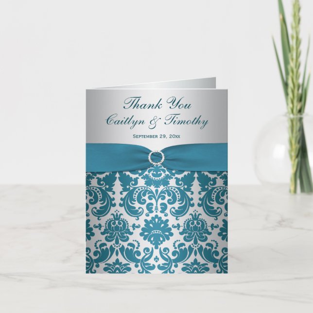 TRYCKT BAND Silver, Teal Damask Tacksedel Tack Kort (Framsida)