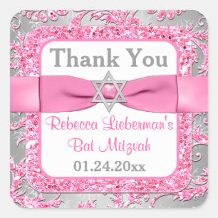 TRYCKT Bow - Bat mitzvah Vinter Wonderland Damask Fyrkantigt Klistermärke