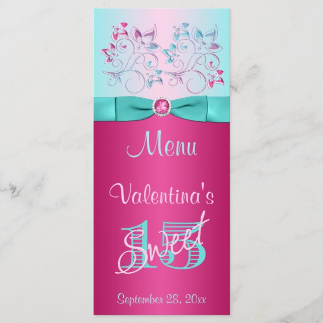 TRYCKT BOW-Rosa, Aqua Blommigt Sweet 15 Menu Card Meny (Framsida)